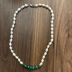Elegant Pearl and Green Bead Necklace